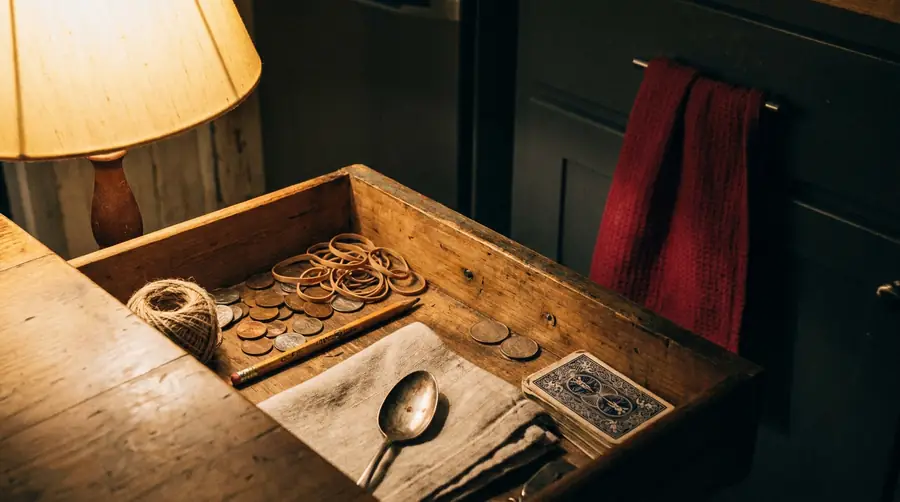 An open kitchen drawer of everyday things: coins, rubber bands, string, a spoon and a deck of cards